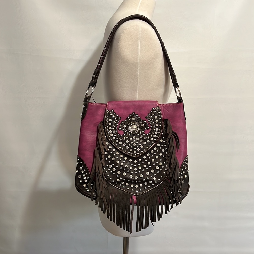 Trinity Ranch leather fringe Purse, handbag NWOT brown & raspberry rhinestones
